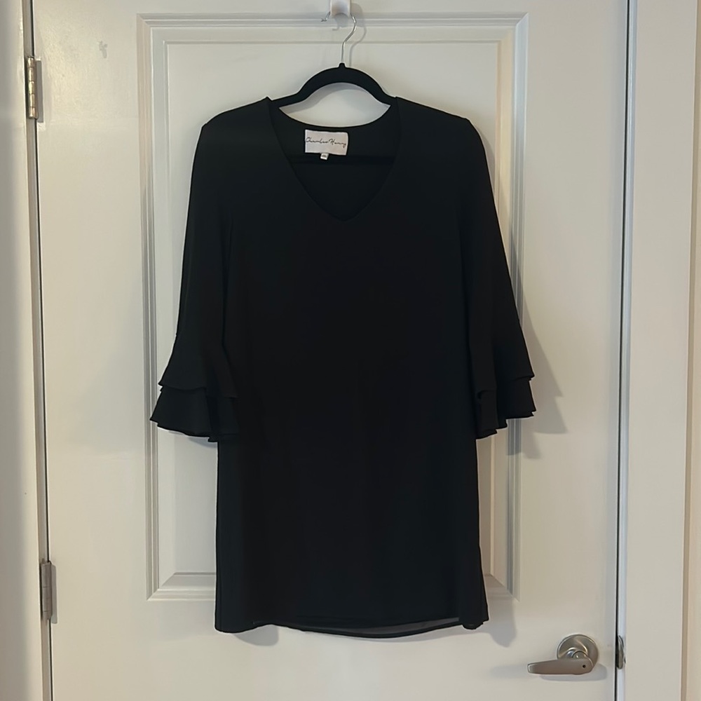 Charles Henry Black V-neck Shift Dress with Bell Flutter Sleeves